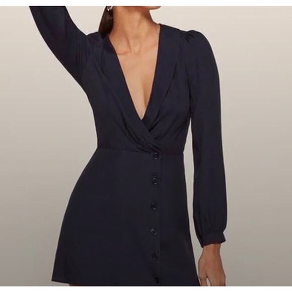 Reformation Women’s 6 Navy Blue Woodbury Button Up Long Sleeve Mini Dress - Picture 2 of 8